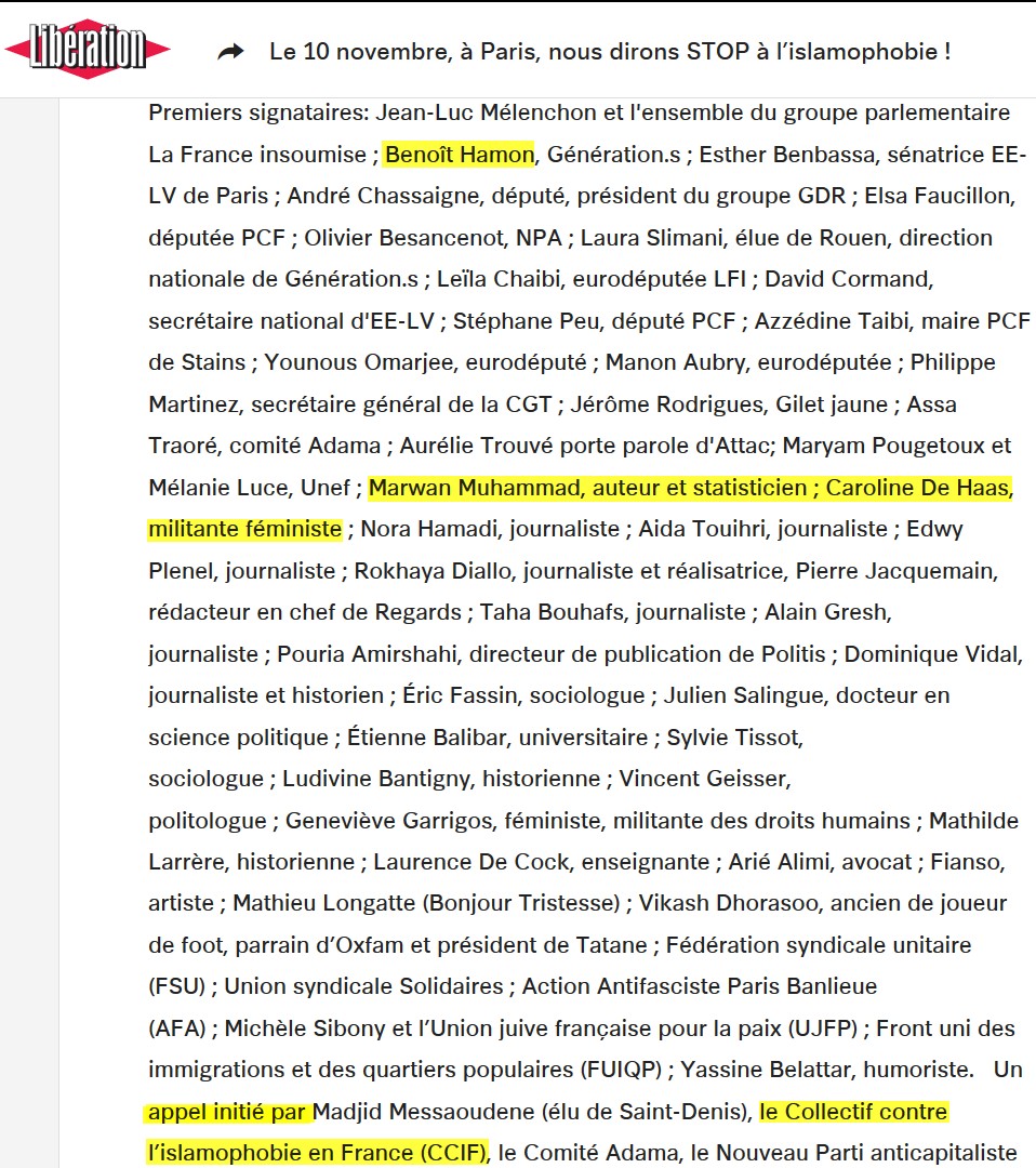 Les signataires de l'appel initi&eacute; par le CCIF